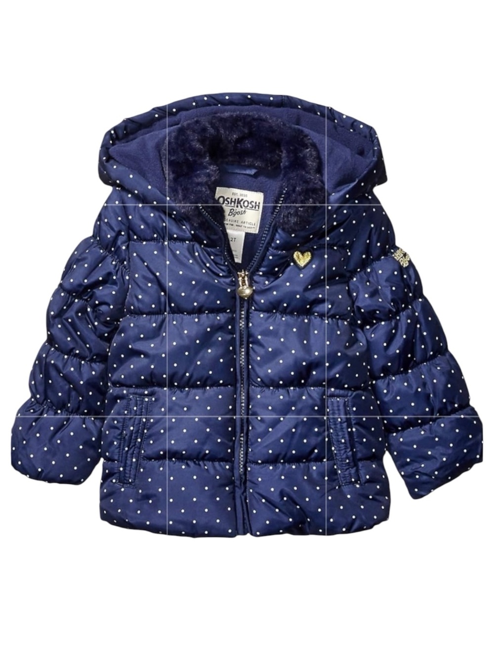 OshKosh B’gosh Girls Puffer Coat 4T Navy Polka Dot Fleece Lined Hood Winter